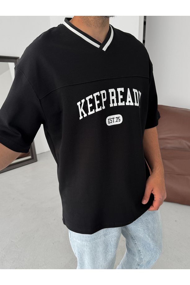 Siyah Keep Ready V Yaka Oversize T-Shirt PM-061 - 5