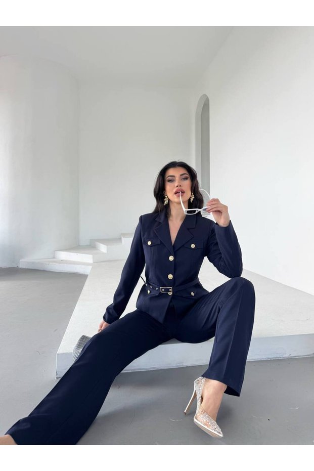 Belted Gold Button Detailed Suit Navy Blue