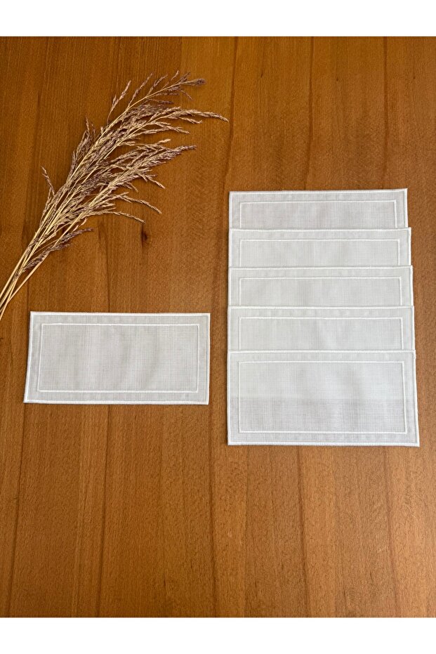 6 Adet Ekru Renk Keten Çift Sıra Ekru Renk Nakışlı Dikdörtgen Tepsi Örtüsü - 1