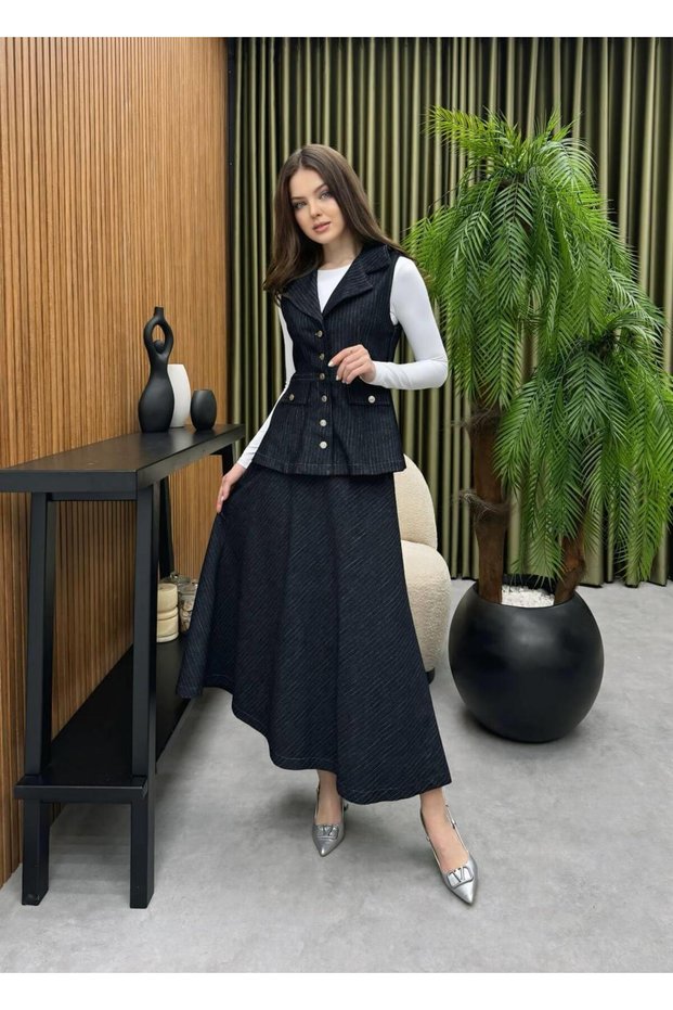 Premium Quality Striped Jean Vest Skirt Double Suit Hijab Compatible Denim Vest Suit Skirt Suit