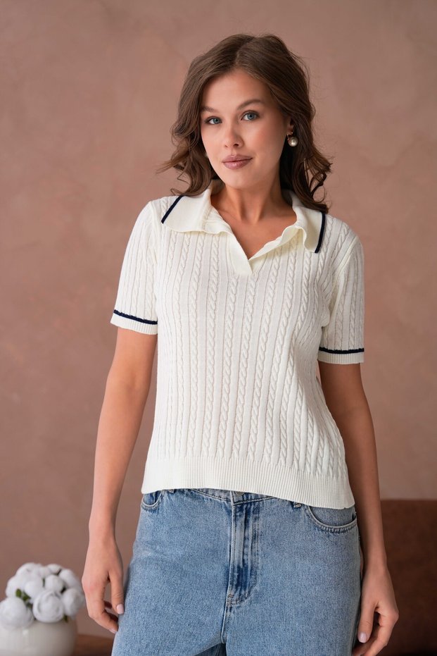 Women's Polo Neck Hair Braided Short Sleeve Slim Knitwear Sweater