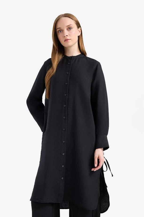 Regular Fit Basic Düz Yanları Bağcıklı Uzun Kollu Tesettür Gömlek Tunik F2182ax25sm - 3