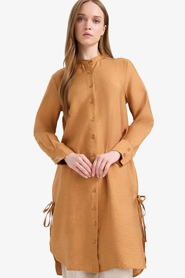Regular Fit Basic Düz Yanları Bağcıklı Uzun Kollu Tesettür Gömlek Tunik F2182ax25sm - 3