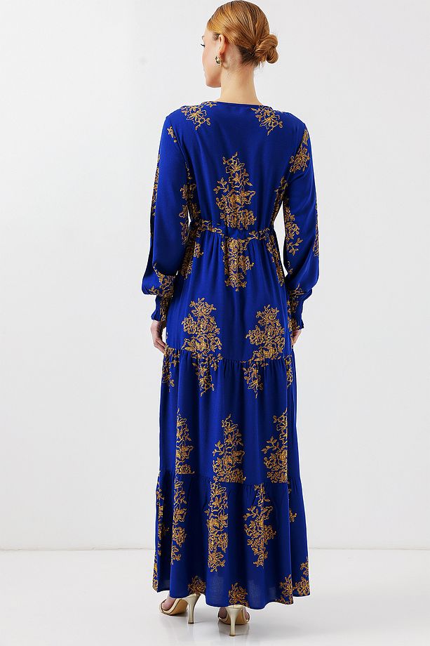 2145 Desenli Tesettür Elbise - Saks - 6