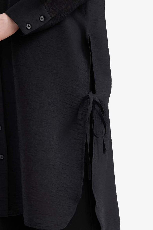 Regular Fit Basic Düz Yanları Bağcıklı Uzun Kollu Tesettür Gömlek Tunik F2182ax25sm - 4
