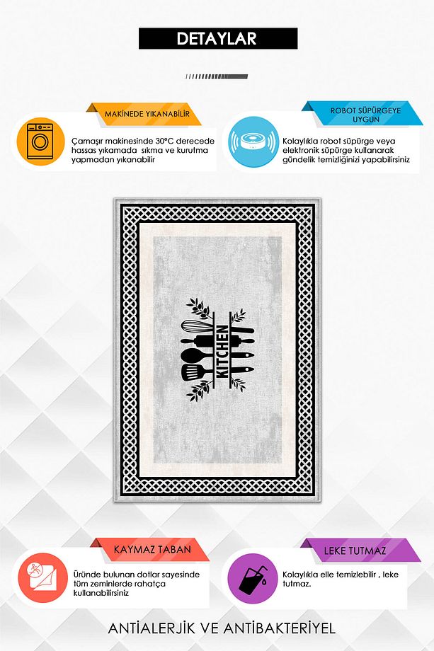 Makinede Yıkanabilir Kaymaz Taban Leke Tutmaz Gri Mutfak Halısı Ve Yolluk - 3