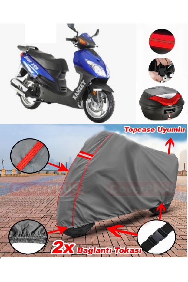 Ramzey Star 125 L Rear Case Compatible Motor Tarpaulin Motorcycle Tarpaulin Red Stitched Gray