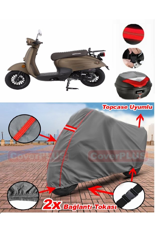 Mondial 50 Turismo Rear Bag Compatible Motor Tarpaulin Motorcycle Tarpaulin Red Stitched Gray