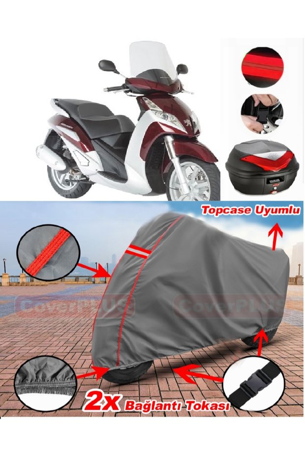 Peugeot Geopolis 250 Rear Bag Compatible Motor Tarpaulin Motorcycle Tarpaulin Red Stitched Gray