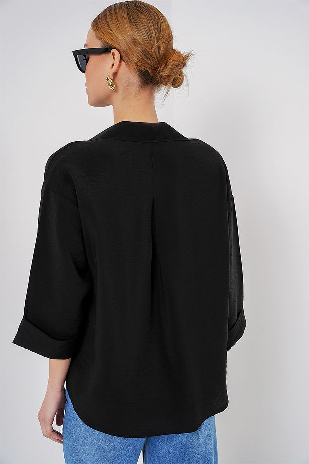 Kadın Oversize Kısa Kol Gömlek 20315 - Siyah - 6