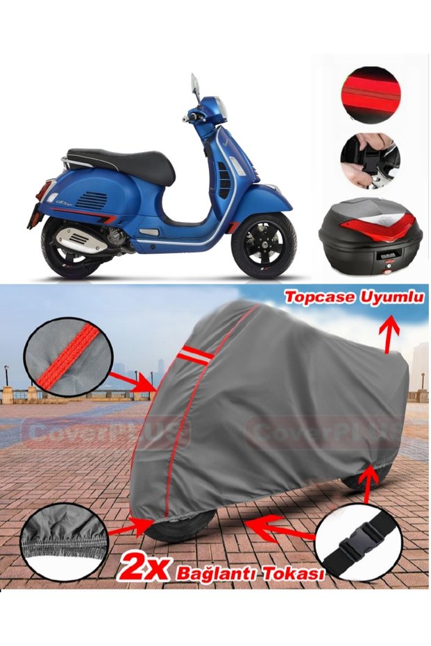 Vespa Gts 125 Rear Bag Compatible Motor Tarpaulin Motorcycle Tarpaulin Red Stitched Gray
