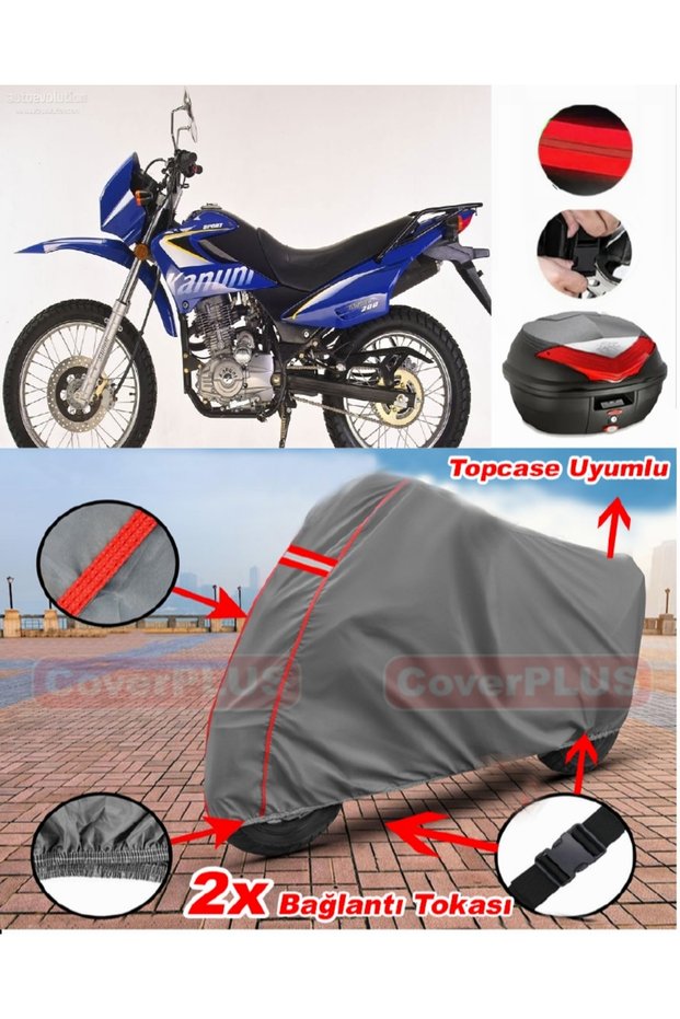 Kanuni Enduro 200 Rear Bag Compatible Motor Tarpaulin Motorcycle Tarpaulin Red Stitched Gray