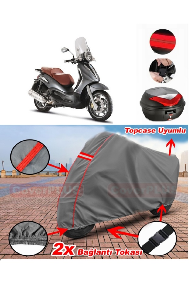 Piaggio Beverly 500 Rear Bag Compatible Motor Tarpaulin Motorcycle Tarpaulin Red Stitched Gray