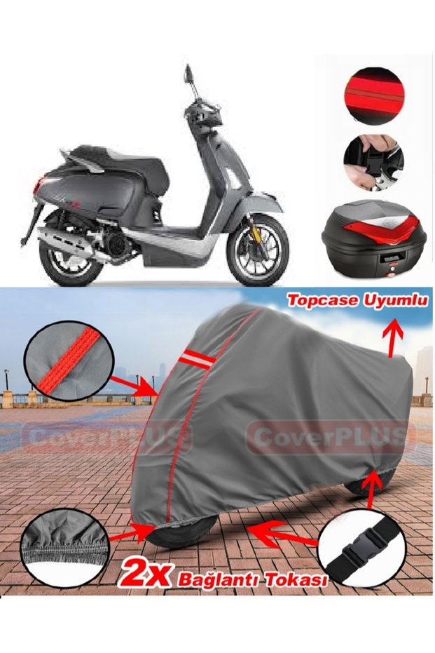 Kymco Movie XL 125 Rear Bag Compatible Motor Tarpaulin Motorcycle Tarpaulin Red Stitched Gray