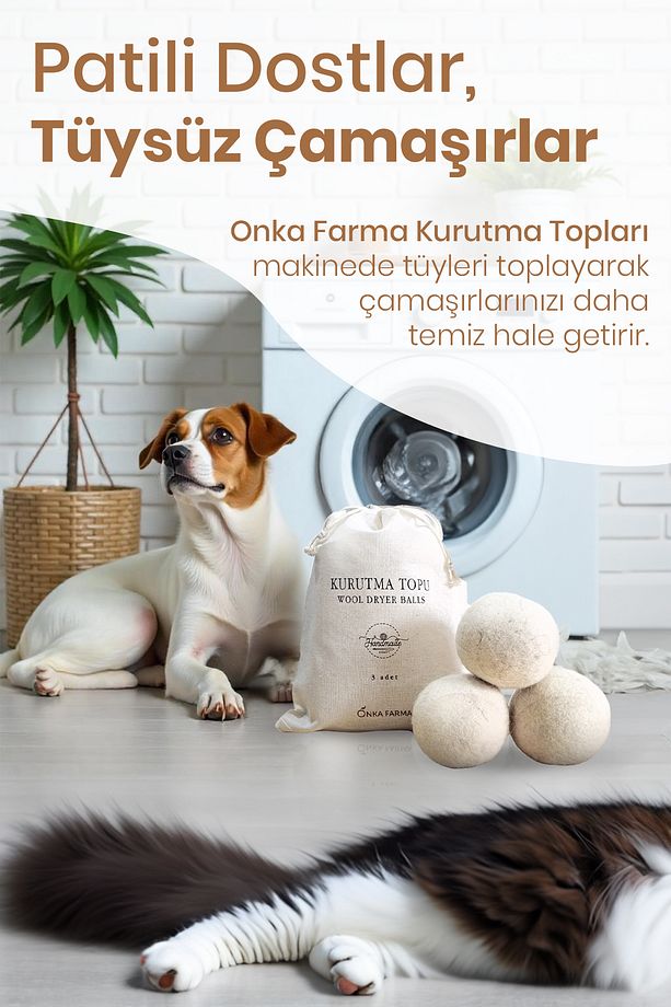 Kurutma Topu Xl 3 Adet %100 Doğal Yün - 3 Adet Top, Kese, Çam Yağı Hediyeli - 6