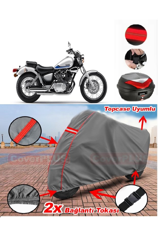 Yamaha Virago Xv 250 Rear Bag Compatible Motor Tarpaulin Motorcycle Tarpaulin Red Stitched Gray