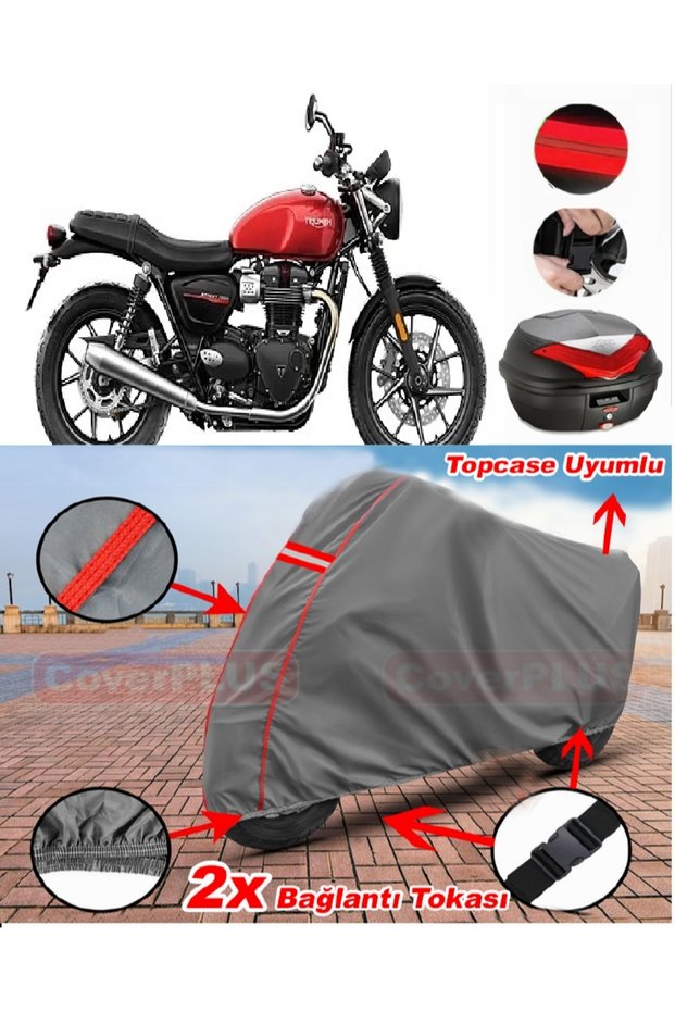 Triumph Street Twin Rear Bag Compatible Motor Tarpaulin Motorcycle Tarpaulin Red Stitched Gray