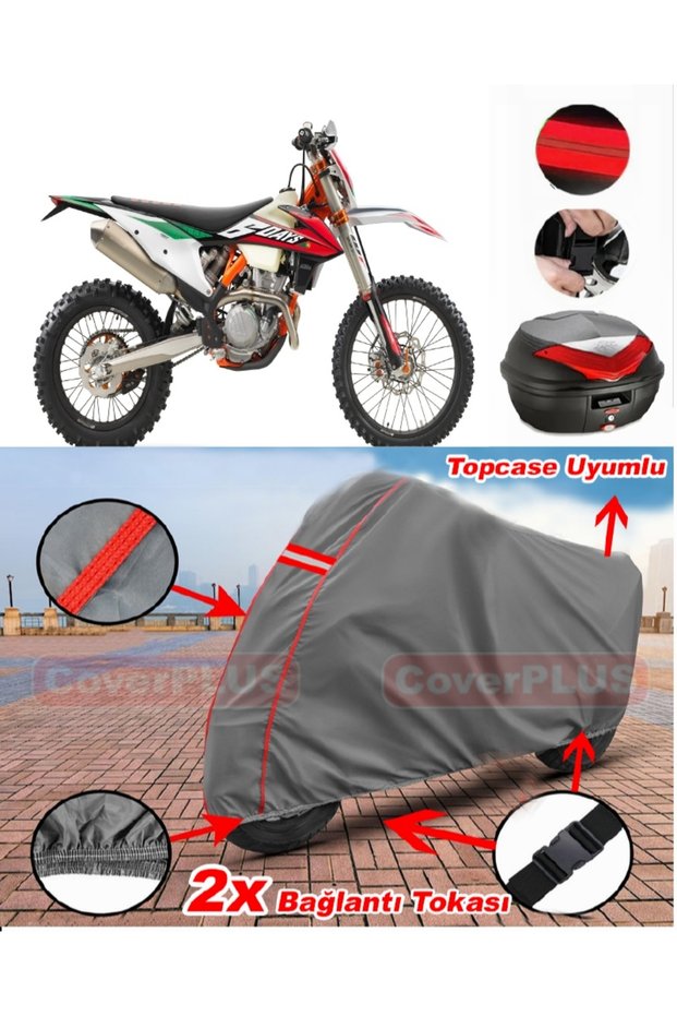 Ktm 350 Exc-F Six Days Rear Bag Compatible Motor Tarpaulin Motorcycle Tarpaulin Red Stitched Gray