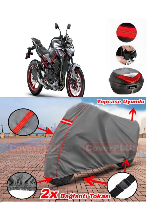 Kawasaki Z 900 Rear Bag Compatible Motor Tarpaulin Motorcycle Tarpaulin Red Stitched Gray