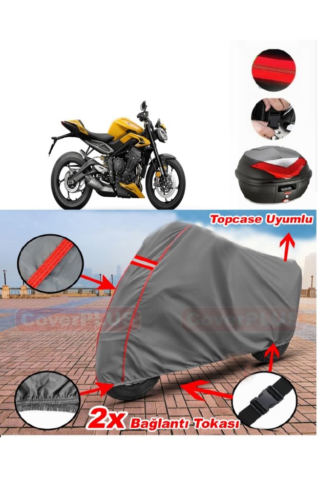 Triumph Street Triple R Rear Bag Compatible Motor Tarpaulin Motorcycle Tarpaulin Red Stitched Gray