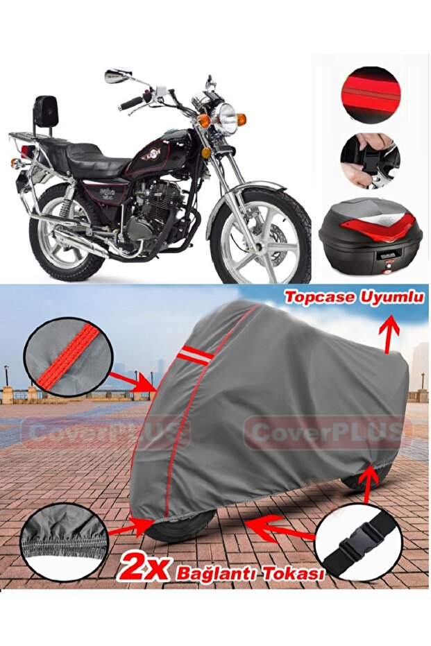 Kanuni Seyhan 150 Back Bag Compatible Motor Tarpaulin Motorcycle Tarpaulin Red Stitched Gray