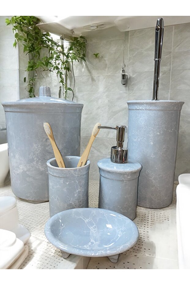 Red Ceramic Dara Collection Sky Blue Marble Patterned Lux 5-Piece Bathroom Set