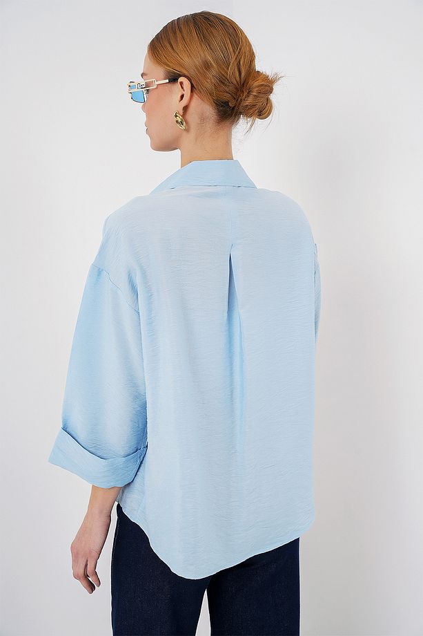 Kadın Oversize Kısa Kol Gömlek 20315 - Mavi - 6