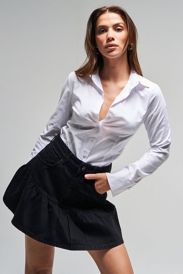 Kadın Beyaz Renk S5-2 Esnek Kumaş Slim Fit Belden Oturmalı %100 Pamuk Gömlek - 5