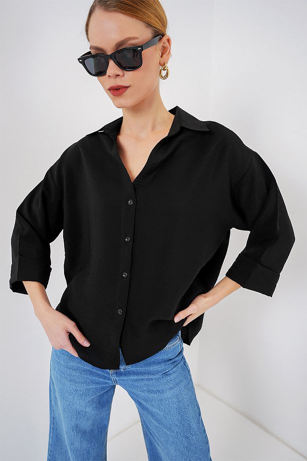 Kadın Oversize Kısa Kol Gömlek 20315 - Siyah - 4
