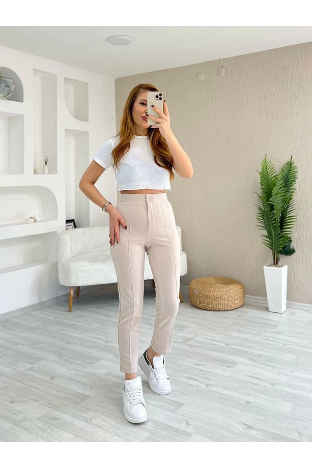 Krep Kumaş Dar Paça Çimalı Pantolon Krem - 2
