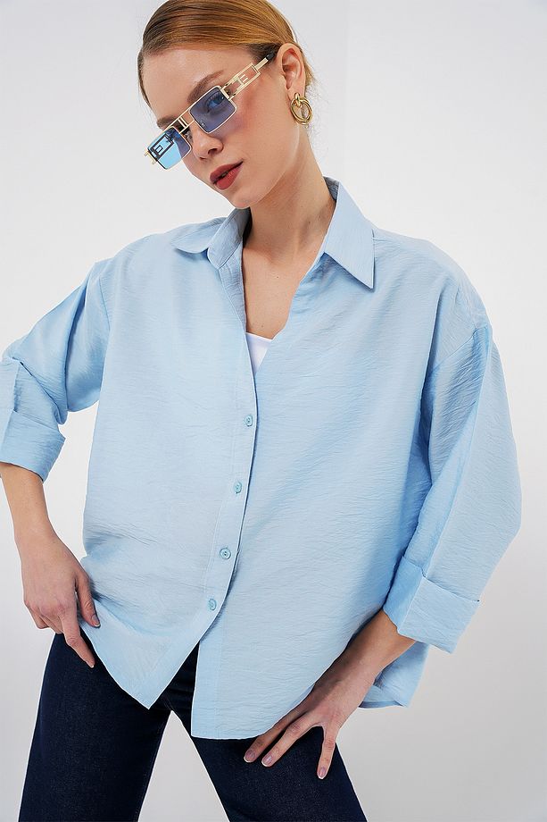 Kadın Oversize Kısa Kol Gömlek 20315 - Mavi - 1