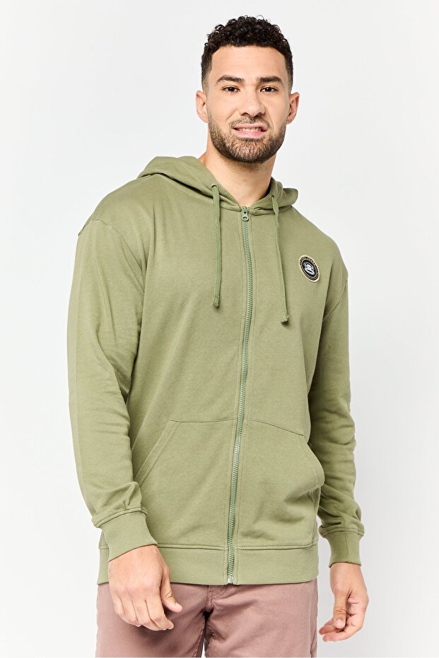 Men Brand Logo Long Sleeve Full Zip Hoodie, Sage Green