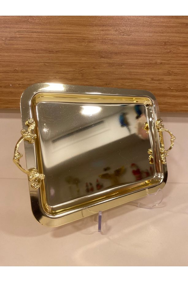 TEPSİ TEK KİŞİLİK KAHVE SUNUM ALTIN PİRİNÇ 22X16 CM - 7
