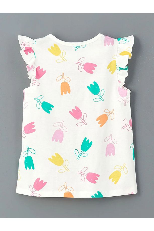 LCW Kids Ekru Bisiklet Yaka Çiçekli Kız Çocuk Şortlu Pijama Takımı - 3