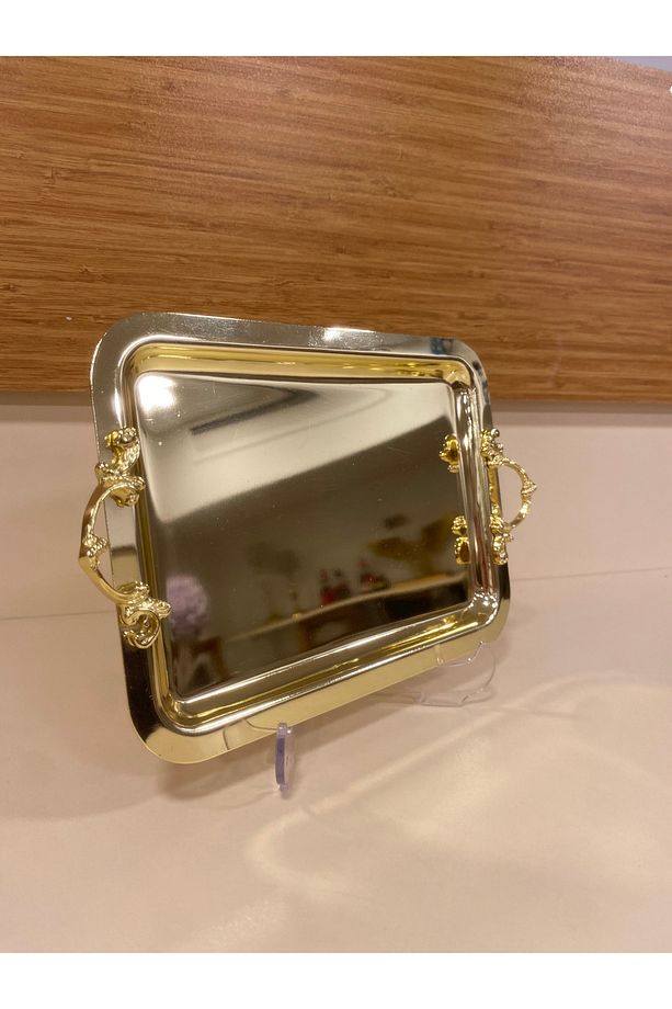 TEPSİ TEK KİŞİLİK KAHVE SUNUM ALTIN PİRİNÇ 22X16 CM - 1