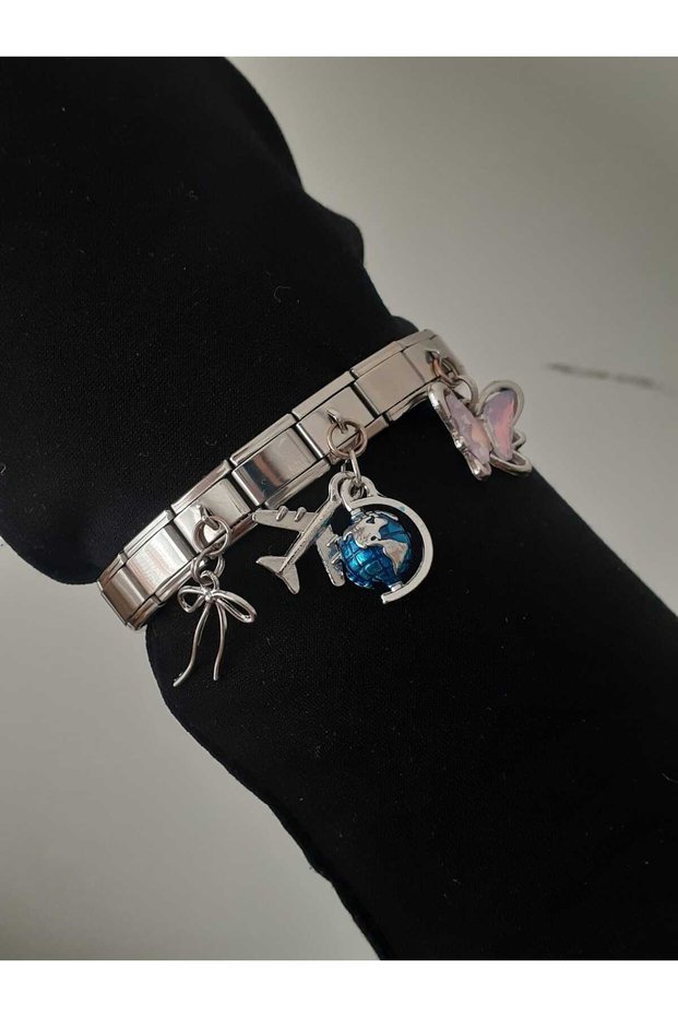 Butterfly&Bow&World Airplane Triple Italian Charm Steel Bracelet