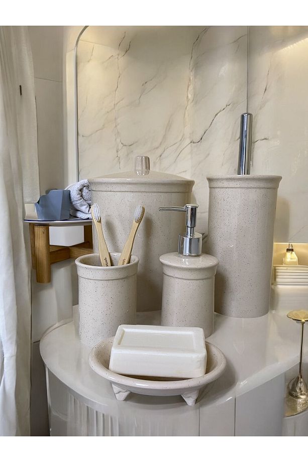 Red Seramik Dara Collection 5’li Banyo Seti Bej Simli - 1