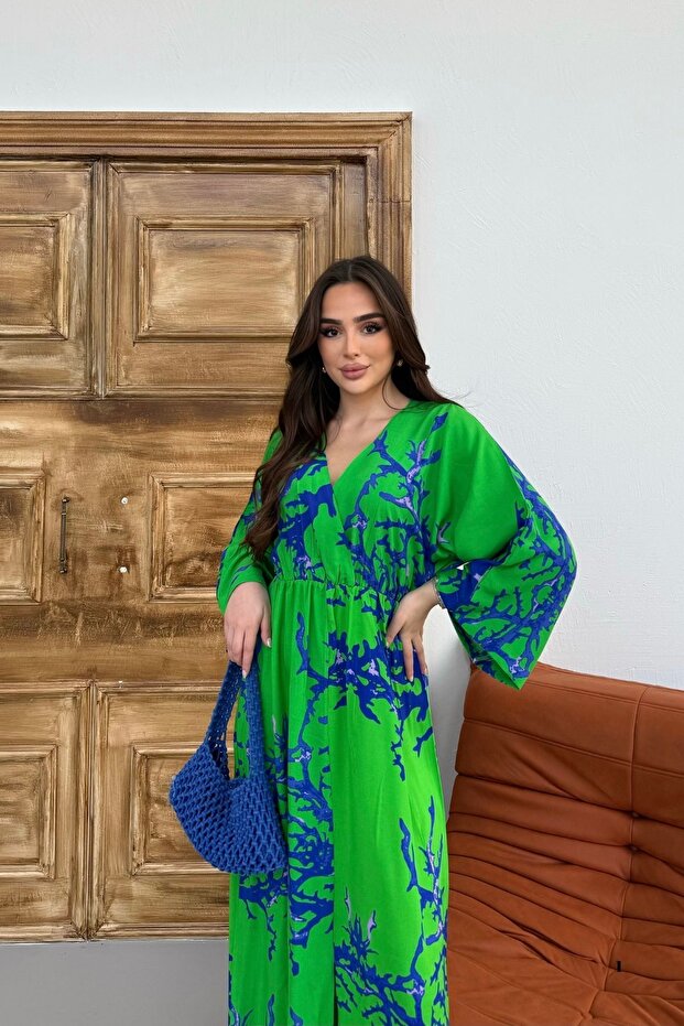 Women's Green Branch Patterned Double Breasted Dress with Elastic Waist and Long Slits