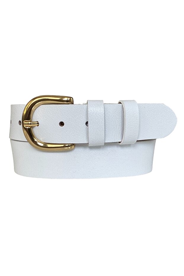 100% Genuine Leather, White Women's Jeans with Gold Buckle, Sports Belt 4 Cm=an-byn-26