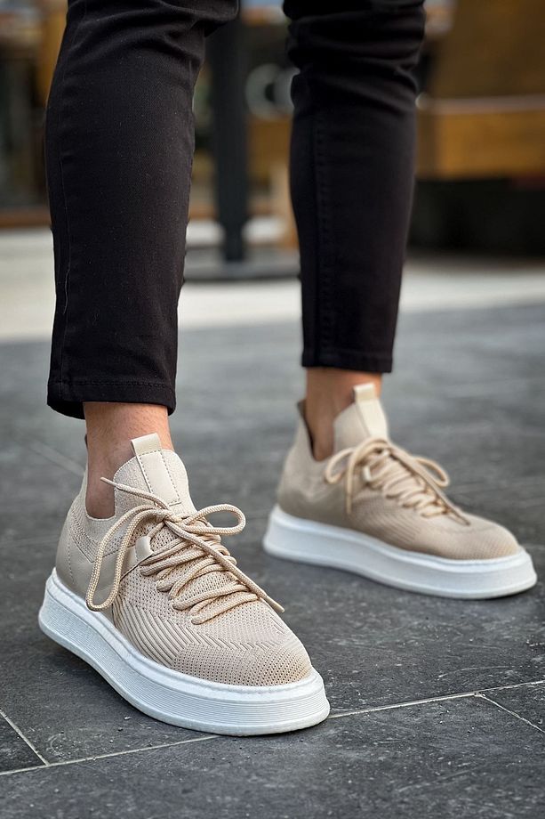 Bej Hafif Ortopedik Taban Günlük Triko Erkek Sneaker Yüksek Tabanlı Spor Ayakkabı - 4