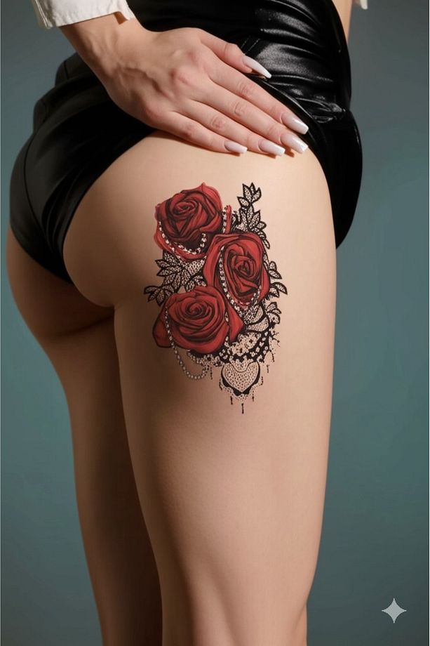 Gerçek Dövme Görünümlü Gül Modelli 3 Boyutlu Bacak Tattoo - 4