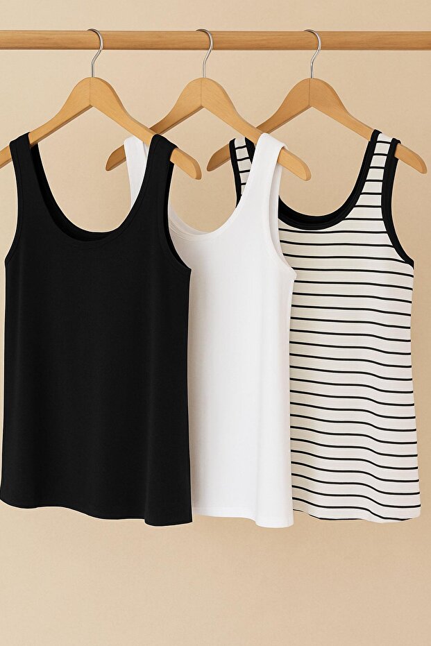 3 Pieces A-Line Comfortable Fit Basic Thick Strap Undershirt T-Shirt
