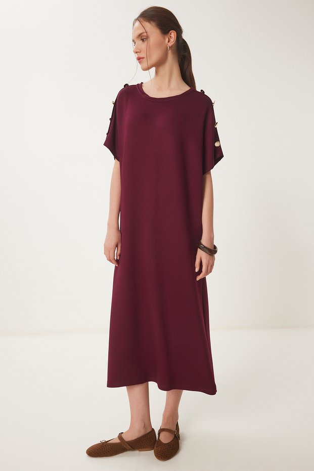 Women's Burgundy Button Detailed Summer Knitted Dress Zv00291