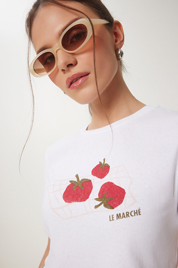 Women's White Printed Crop Knitted T-Shirt Wo00053