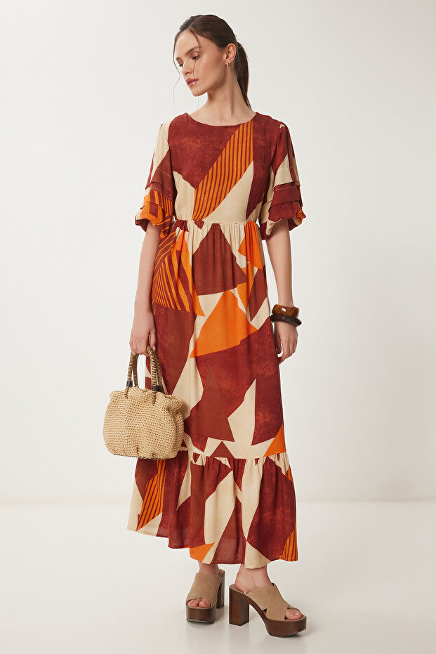 Women's Brick Orange Patterned Summer Woven Dress Rg00055