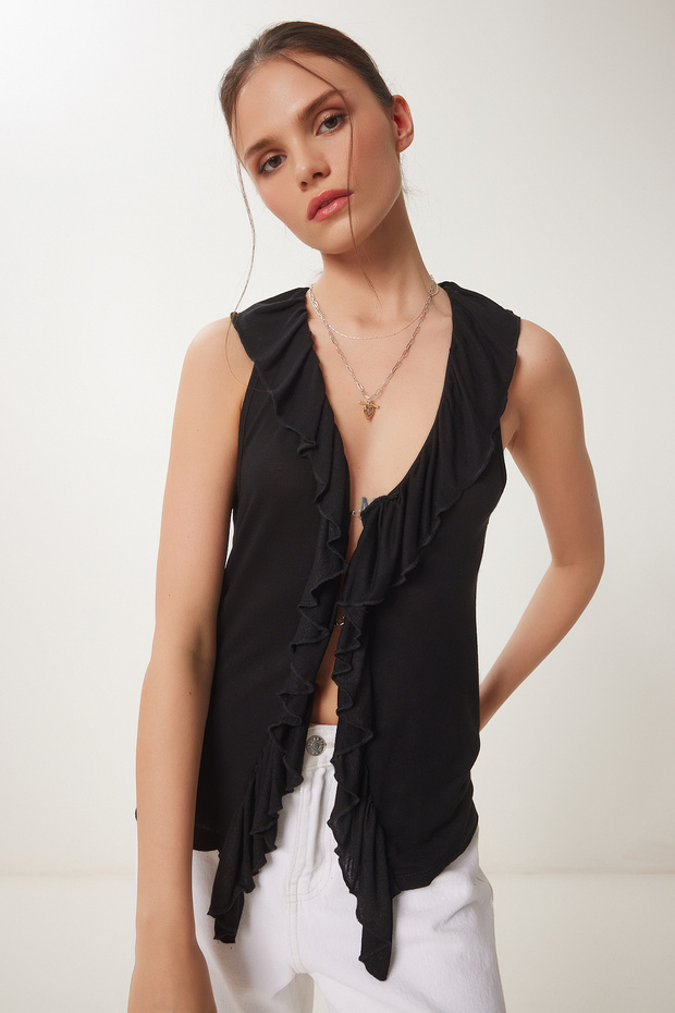 Women's Black Frilly Transparent Knitted Blouse Ub00380