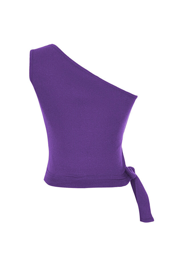Mürdüm tek Omuz Fitted/Vücuda Oturan Bağlama Detaylı Fitili Örme Bluz TWOSS22BZ1558 - 7