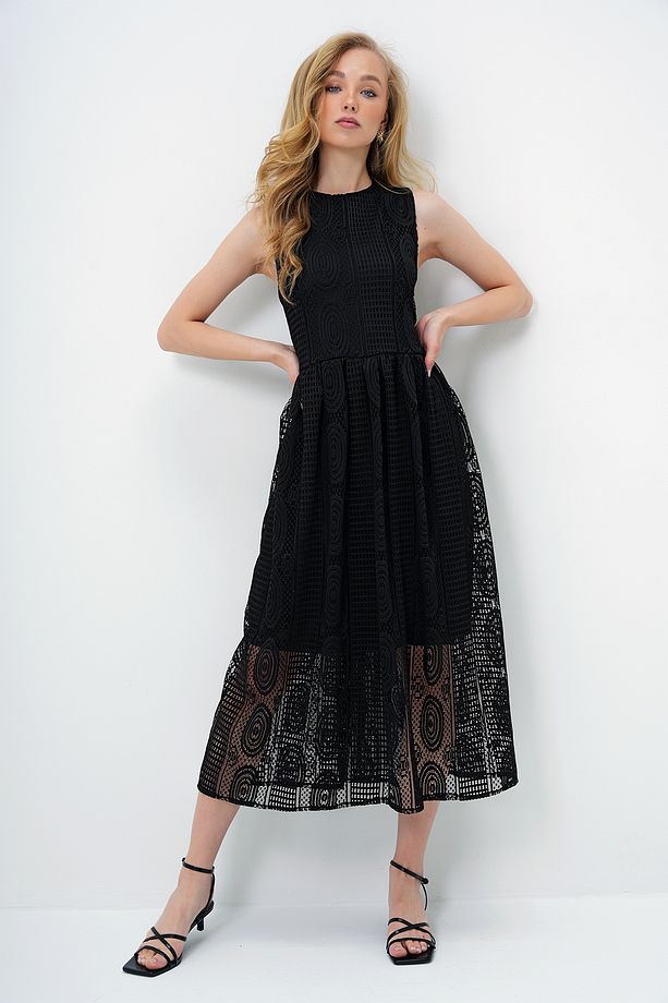Kadın Siyah Kalın Askılı Motif İşlemeli Astarlı Maxi Boy Elbise ALC-X13461 - 6