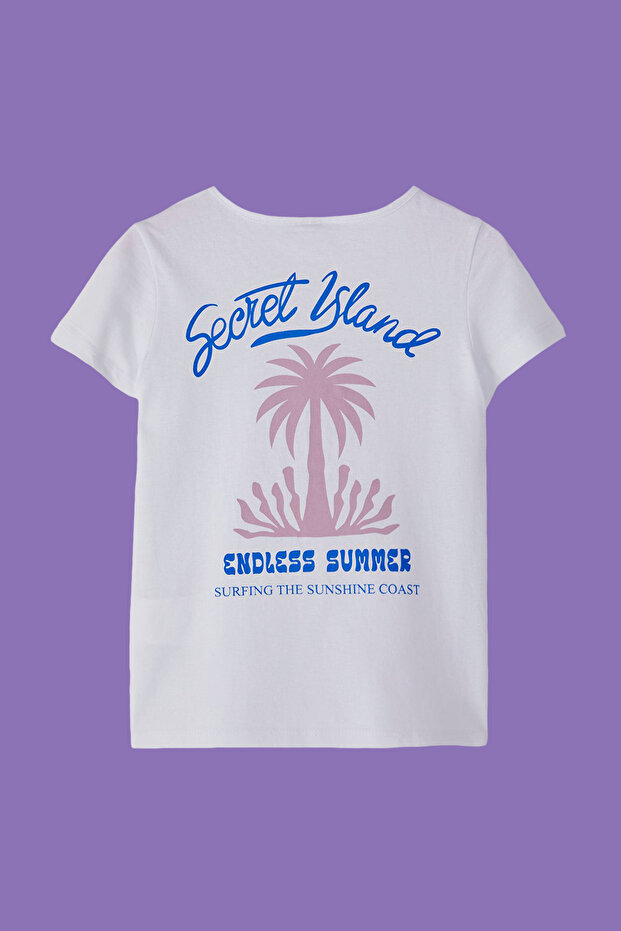 Ekru Kız Çocuk %100 Pamuk Sırt Baskılı Kısa Kol Örme T-Shirt TKDSS25TS00085 - 1