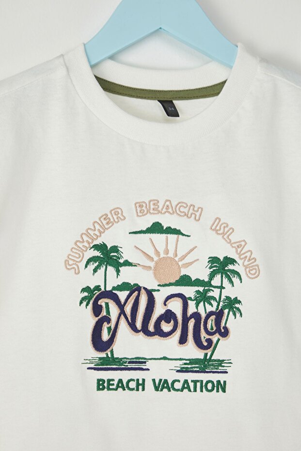 Ekru Kız Çocuk %100 Pamuk Slogan Baskılı Regular Kalıp Karpuz Kol Örme T-Shirt TKDSS25TS00050 - 2